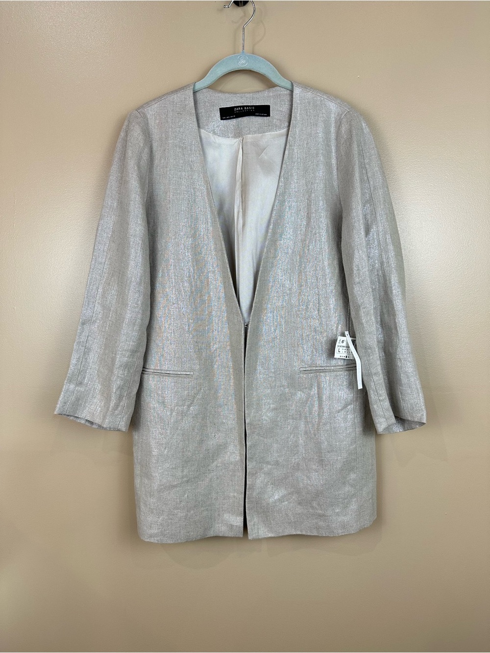 Zara Basic 100% Linen Metallic Blazer L Beige Champagne Longline Jacket NWT FLAW